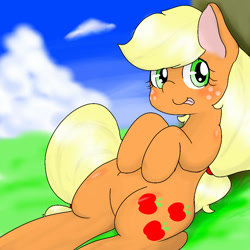 Size: 1000x1000 | Tagged: safe, artist:wonton soup, applejack, earth pony, pony, :p, blushing, looking at you, missing accessory, on back, pixiv, silly, silly pony, solo, tongue out