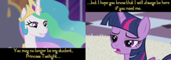 Size: 3840x1350 | Tagged: safe, edit, edited screencap, screencap, princess celestia, twilight sparkle, twilight sparkle (alicorn), alicorn, pony, princess twilight sparkle (episode), bedroom eyes, canterlot castle, caption, female, implied shipping, lesbian, mare, open mouth, out of context, quote, shipping, smirk, squint, text, twilestia