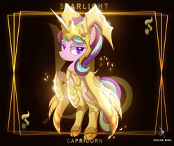 Size: 3840x3232 | Tagged: safe, artist:zidanemina, starlight glimmer, pony, unicorn, armor, capricorn, crossover, female, helmet, mare, saint seiya, smiling, solo, zodiac