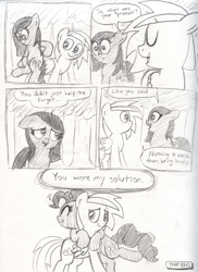 Size: 2550x3510 | Tagged: safe, artist:normalevan, pinkie pie, oc, earth pony, pony, comic, hug, monochrome, pinkamena diane pie, traditional art