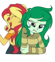 Size: 800x900 | Tagged: safe, artist:emositecc, sunset shimmer, wallflower blush, better together, equestria girls, forgotten friendship, crying, sad, simple background, this will end in tears, transparent background