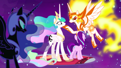 Size: 1440x809 | Tagged: safe, screencap, daybreaker, nightmare moon, princess celestia, starlight glimmer, alicorn, pony, unicorn, a royal problem, armor, dream, dream walker celestia, ethereal mane, female, flying, mane of fire, mare, quartet, self ponidox, swapped cutie marks