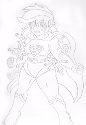 Size: 2328x3393 | Tagged: safe, artist:blackbewhite2k7, applejack, human, app-el, applebucking thighs, breaking free, chains, commission, crossover, humanized, messy hair, monochrome, parody, sketch, solo, superman, wip