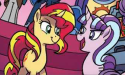 Size: 1478x887 | Tagged: safe, artist:tonyfleecs, idw, starlight glimmer, sunset shimmer, pony, unicorn, nightmare knights, spoiler:comic, spoiler:comicnightmareknights01, duo focus, equal cutie mark, female, mare, official comic, open mouth, smiling, smirk