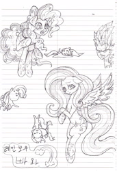 Size: 1500x2192 | Tagged: safe, artist:mrs1989, fluttershy, pinkie pie, earth pony, pegasus, pony, korean, lined paper, monochrome, rainbow power, sketch dump, traditional art