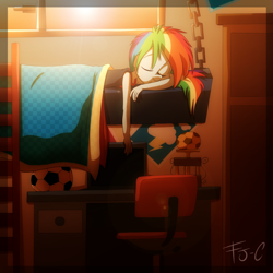 Size: 1000x1000 | Tagged: safe, artist:fj-c, derpibooru import, rainbow dash, equestria girls, bed, sleeping, solo