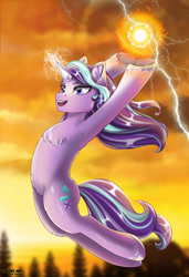 Size: 616x900 | Tagged: safe, artist:lifejoyart, starlight glimmer, pony, unicorn, armpits, blurry background, chest fluff, commission, digital art, female, fireball, glowing horn, happy, jumping, mare, open mouth, signature, smiling, sunset, wavy mane, ych result