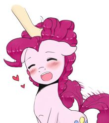 Size: 600x681 | Tagged: dead source, safe, artist:239asd, pinkie pie, earth pony, pony, blushing, cute, diapinkes, disembodied arm, disembodied hand, eyes closed, hand, happy, heart, open mouth, petting, simple background, solo, tail wag, white background