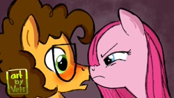 Size: 1024x576 | Tagged: safe, artist:carranzis, cheese sandwich, pinkie pie, earth pony, pony, :o, blushing, boop, cheesepie, eye contact, female, glare, glasses, male, nose wrinkle, noseboop, open mouth, personal space invasion, pinkamena diane pie, shipping, straight, surprised, the rock farmer's daughters, wide eyes