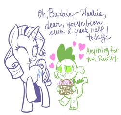 Size: 723x687 | Tagged: safe, artist:fiona, barb, rarity, spike, dragon, pony, unicorn, barity, basket, dialogue, female, flower, half r63 shipping, heart, lesbian, rule 63, shipping, sparity