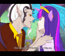 Size: 1725x1494 | Tagged: safe, artist:kaichou-kasai, derpibooru import, discord, twilight sparkle, chaos, discolight, eared humanization, elements of harmony, fake screencap, female, horned humanization, humanized, male, scene interpretation, shipping, straight, subtitles