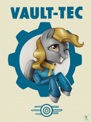 Size: 900x1200 | Tagged: safe, artist:supermare, derpy hooves, pegasus, pony, clothes, crossover, fallout 4, female, grin, mare, one eye closed, smiling, solo, vault boy, wink