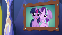 Size: 1920x1080 | Tagged: safe, screencap, starlight glimmer, twilight sparkle, twilight sparkle (alicorn), alicorn, pony, unicorn, father knows beast, frame, hug, smiling, winghug