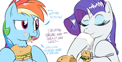 Size: 1500x768 | Tagged: safe, artist:sunibee, color edit, derpibooru import, edit, rainbow dash, rarity, pegasus, pony, unicorn, ..., burger, colored, darling, dialogue, eating, female, food, fork, hamburger, hoof hold, mare, simple background, text, white background