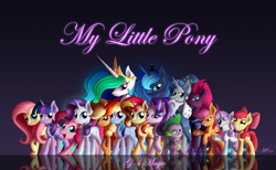 Size: 5000x3077 | Tagged: safe, artist:duskie-06, applejack, fluttershy, pinkie pie, princess celestia, princess luna, rainbow dash, rarity, spike, star swirl the bearded, starlight glimmer, sunset shimmer, tempest shadow, twilight sparkle, twilight sparkle (alicorn), alicorn, dragon, earth pony, pegasus, pony, unicorn, female, male, mane six, reflection, royal sisters, title drop, winged spike