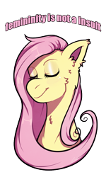 Size: 660x1100 | Tagged: safe, artist:rad-pax, fluttershy, pegasus, pony, eyes closed, feminist ponies, fluffy, mouthpiece, positive ponies, smiling, solo, subversive kawaii