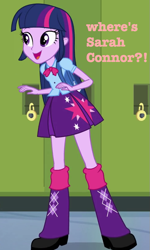 Size: 485x811 | Tagged: safe, derpibooru import, twilight sparkle, equestria girls, question, solo, terminator, text