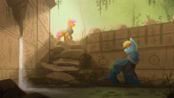 Size: 2800x1591 | Tagged: safe, artist:fuzzyfox11, derpibooru import, rainbow dash, scootaloo, pegasus, pony, clothes, jacket, ruins, scarf