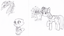 Size: 1112x636 | Tagged: safe, artist:queencold, derpibooru import, spike, twilight sparkle, twilight sparkle (alicorn), oc, oc:jade, alicorn, dragon, pony, armor, baby dragon, dragon oc, dragoness, female, mare, monochrome, sailor uniform, sketch, sketch dump