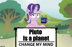 Size: 773x500 | Tagged: safe, starlight glimmer, pony, unicorn, bush, change my mind, female, flower, glowing horn, horn, i mean i see, levitation, magic, mare, meme, mug, multicolored mane, pink coat, pluto (planet), sign, signature, sitting, solo, table, telekinesis, text, tree