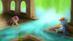 Size: 3840x2160 | Tagged: safe, artist:fuzzyfox11, derpibooru import, rainbow dash, scootaloo, pegasus, pony, aqueduct, book, ruins, water