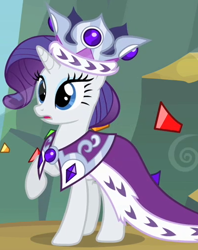 Size: 400x504 | Tagged: safe, screencap, princess platinum, rarity, pony, unicorn, hearth's warming eve (episode), clothes, costume, crown, dress, gem, jewelry, open mouth, princess, raised hoof, regalia, royalty, solo