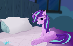 Size: 3200x2000 | Tagged: safe, artist:wildviolet-m, starlight glimmer, pony, unicorn, bed, bedroom, bedroom eyes, cute, female, frog (hoof), glimmer glutes, glimmerbetes, lidded eyes, looking at you, mare, pillow, plot, solo, starlight's room, underhoof, window