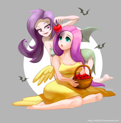 Size: 800x813 | Tagged: safe, artist:amy30535, fluttershy, human, apple, barefoot, basket, breasts, duality, feet, female, flutterbat, hootershy, humanized, lidded eyes, open mouth, paradox, race swap, winged humanization