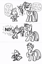 Size: 600x906 | Tagged: safe, artist:queencold, derpibooru import, spike, twilight sparkle, unicorn twilight, dragon, pony, unicorn, black and white, comic, crying, female, grayscale, lineart, magic, male, mare, monochrome, plushie, telekinesis