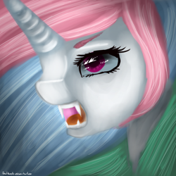 Size: 1024x1024 | Tagged: safe, artist:anuhanele, princess celestia, alicorn, pony, fangs, female, horn, mare, multicolored mane, solo, white coat