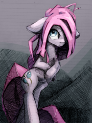 Size: 1200x1600 | Tagged: safe, artist:ruby, pinkie pie, pony, alternate hairstyle, bipedal, dark, solo