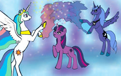 Size: 1024x642 | Tagged: safe, artist:tielgar, princess celestia, princess luna, twilight sparkle, alicorn, pony, magic, s1 luna