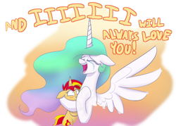 Size: 1400x1000 | Tagged: safe, artist:heir-of-rick, princess celestia, sunset shimmer, alicorn, pony, unicorn, equestria girls, equestria girls series, forgotten friendship, bear hug, blushing, crying, cute, cutelestia, daaaaaaaaaaaw, dolly parton, eyes closed, female, hape, headlock, hug, i will always love you, it happened, mare, momlestia, open mouth, reunion, shimmerbetes, singing, song reference, spread wings, tears of joy, the prodigal sunset, whitney houston, wings