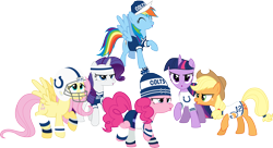 Size: 7348x4000 | Tagged: safe, artist:jeatz-axl, derpibooru import, applejack, fluttershy, pinkie pie, rainbow dash, rarity, twilight sparkle, twilight sparkle (alicorn), alicorn, earth pony, pegasus, pony, unicorn, absurd resolution, american football, andrew luck, baseball cap, clothes, female, hat, headband, helmet, indianapolis colts, mane six, mare, nfl, open mouth, raised hoof, shirt, simple background, super bowl, super bowl xlix, sweatband, transparent background, vector