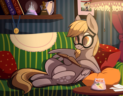 Size: 1397x1087 | Tagged: safe, artist:28gooddays, derpy hooves, pegasus, pony, book, female, glasses, mare, reading, solo