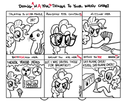 Size: 900x724 | Tagged: safe, artist:kturtle, pinkie pie, earth pony, otter, pony, turtle, backmasking, blackjack, card, clever bastard, doing a hatful of things, doing hurtful things, female, glasses, ham radio, kturtle, meme, microphone, monochrome, parody, william carlos williams