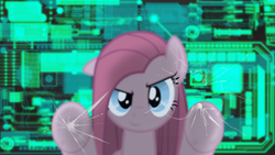 Size: 1920x1080 | Tagged: safe, artist:aelioszero, pinkie pie, earth pony, pony, broken, glass, looking at you, pinkamena diane pie, raised eyebrow, remake, smirk, solo, vector, wallpaper