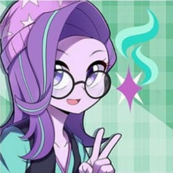 Size: 720x720 | Tagged: safe, artist:caibaoreturn, edit, starlight glimmer, equestria girls, mirror magic, spoiler:eqg specials, beanie, cropped, cute, cutie mark, female, glasses, glimmerbetes, hat, looking at you, peace sign, solo