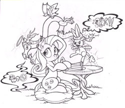 Size: 800x690 | Tagged: safe, artist:dfectivedvice, angel bunny, fluttershy, pegasus, pony, cake, food, grayscale, halo, lineart, magic, monochrome, pet, pictogram, prehensile tail, shoulder consciences, sitting, suspended, table, teasing, traditional art