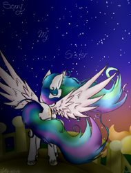 Size: 576x756 | Tagged: safe, artist:dashie3333, princess celestia, alicorn, pony, balcony, plot, solo, spread wings, sunrise