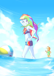 Size: 729x1032 | Tagged: safe, artist:frankier77, derpibooru import, applejack, rainbow dash, equestria girls, armpits, beach, beach ball, breasts, clothes, delicious flat chest, female, midriff, one-piece swimsuit, pose, rainbow flat, speedo, swimsuit, water