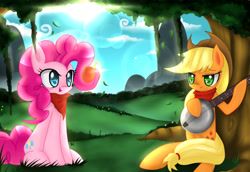 Size: 1600x1100 | Tagged: safe, artist:cyanaeolin, applejack, pinkie pie, earth pony, pony, apple, bandana, banjo, musical instrument