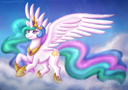 Size: 1024x724 | Tagged: safe, artist:theleatherdragoni, princess celestia, alicorn, pony, female, flying, horn, mare, multicolored mane, solo, white coat