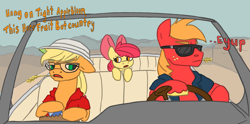 Size: 1565x775 | Tagged: safe, apple bloom, applejack, big macintosh, earth pony, pony, car, driving, fear and loathing in las vegas, glasses, male, stallion, sunglasses