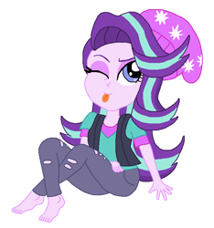 Size: 606x648 | Tagged: safe, artist:darkbrawlercf1994, starlight glimmer, equestria girls, mirror magic, spoiler:eqg specials, barefoot, beanie, cute, feet, glimmerbetes, hat, one eye closed, tongue out, wink