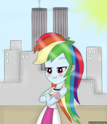 Size: 988x1148 | Tagged: safe, artist:ytpinkiepie2, derpibooru import, rainbow dash, equestria girls, crossed arms, female, new york, solo, twin towers, world trade center