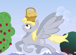 Size: 1900x1381 | Tagged: safe, artist:killkatt, derpy hooves, pegasus, pony, apple, basket, female, food, mare, muffin, solo, sweet apple acres