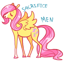 Size: 528x505 | Tagged: safe, artist:jester, edit, fluttershy, pegasus, pony, drama, lol, meta, misandry, mouthpiece, sacrifice, solo, subversive kawaii