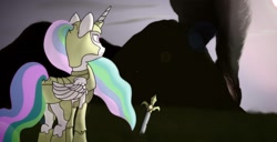 Size: 1250x638 | Tagged: safe, artist:whoovespon3, princess celestia, alicorn, pony, armor, crying, sad