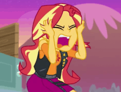 Size: 470x358 | Tagged: safe, screencap, sunset shimmer, better together, equestria girls, forgotten friendship, animated, clothes, cropped, jacket, mind rape, mountain, screaming, vibrating